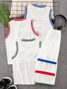6 Sets Informal de deportes para preadolescentes con parte superior de tirantes estampada con letras y números en cuello acanalado y pantalones cortos de 2 piezas de punto, 3 diseños, adecuado para escuela, jardín, playa, cumpleaños, primavera/verano/otoño/invierno