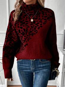 SHEIN LUNE Women Leopard Print Turtleneck Loose Fit Knitted Pullover, Autumn/Winter
