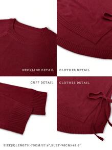 SHEIN LUNE Raglan Sleeve Knot Side Jumper - Burgundy - View 4