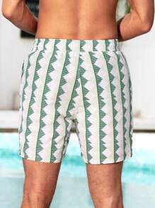Manfinity Swimmode Men's Geometric Print Drawstring Waist Pocket Loose Beach Shorts