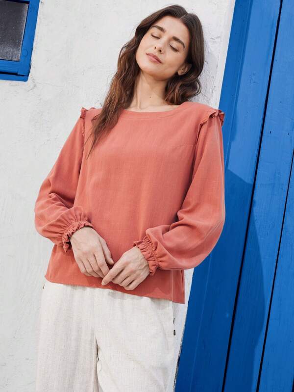 EMERY ROSE Damenbluse mit Rundhalsausschnitt, langen Ärmeln und Rüschensaum