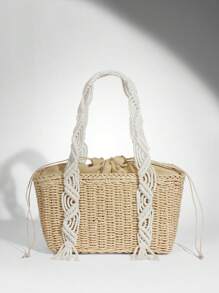 SHEIN BAE Hollow Woven Handbag, Bohemian Shoulder Bag, Vacation Casual Straw Bag, Beach Style Tote Bag (Random Pattern), Summer Vacation Bag - Beige - View 2