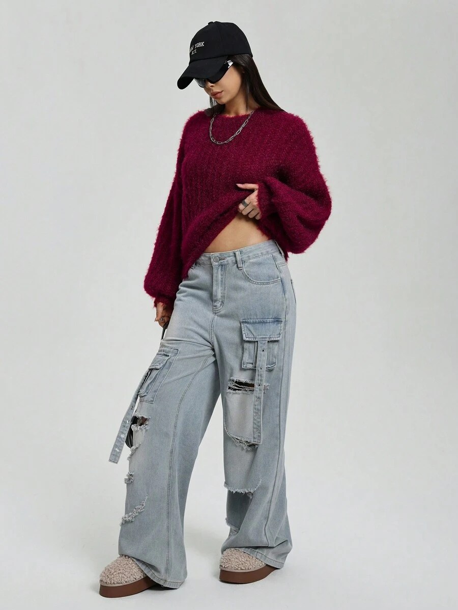 StreetHx Blusa casual de cuello redondo de unicolor y manga larga para mujer, suéter de punto para uso diario en otoño e invierno - Burdeos - Ver 1