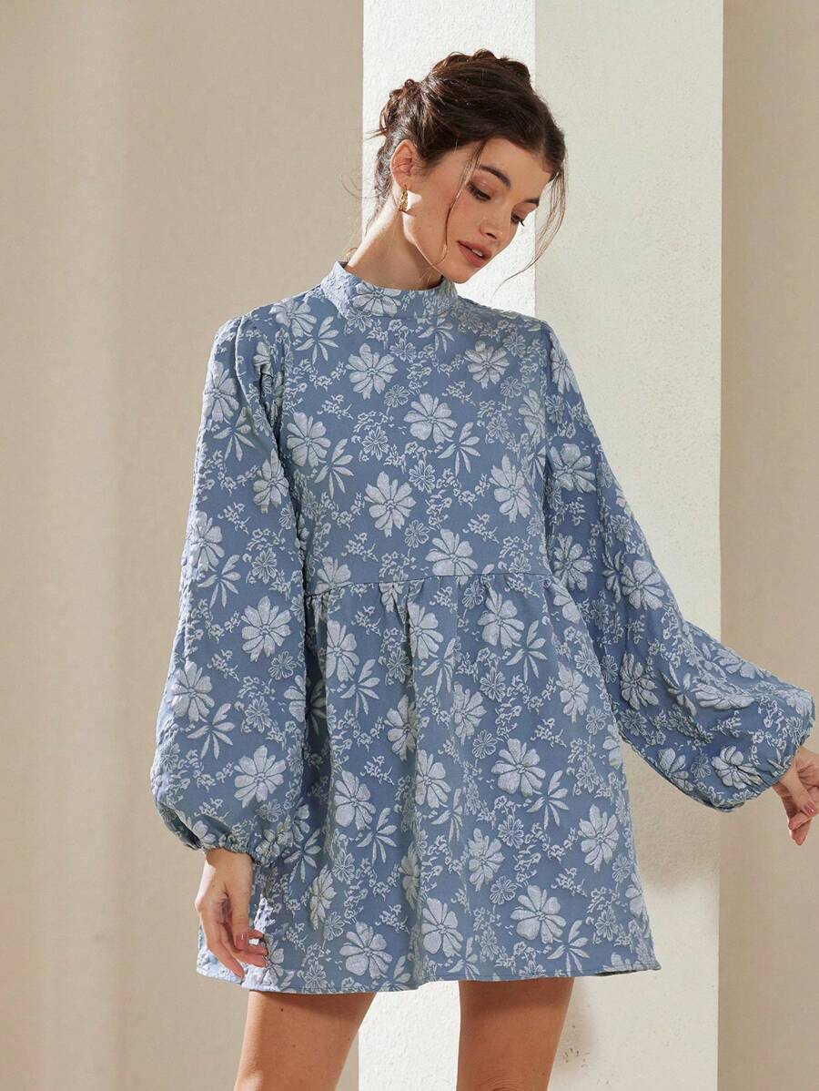 BELROSIE Women Elegant Textured Floral Lantern Sleeve A-Line Mini Dress, Autumn Fall Cloth For Women - Blue - View 1
