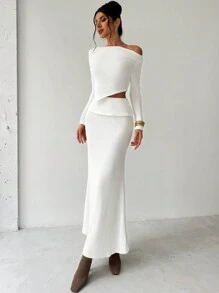 SHEIN Privé Set da 2 pezzi per San Valentino, composto da top a maniche lunghe con colletto asimmetrico e gonna lunga aderente, elegante - Bianco - Visualizzare 3