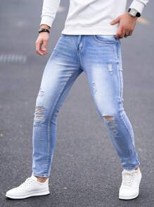 Manfinity Homme Men's Ripped Pocket Simple Skinny Jeans, Casual For Daily Wear - Light Wash - View 4