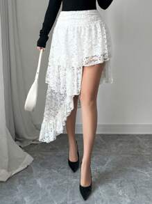 Chiquease Vintage weiße Spitzen-Asymmetrischer Rock mit hoher Taille, Rüschen-Saum und Rosenblüten - Weiss - Übersicht 6