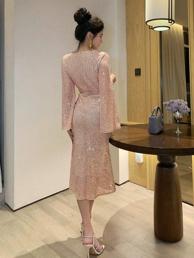 Sequin V-Neck Belted Mermaid Hem Midi Dress For Women Prom Dress Party Women,Fall Dress Homecoming Dresses Long Sleeve Dress Luxury Elegant Women Dresses New Years Women Outfit Carnival Sparkly Dress