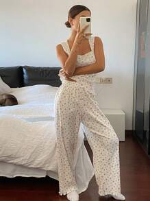 Livesso Women 2pcs Ditsy Floral Allover Print Top & Flowy Pants Pajama Set - White - View 3