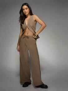 MISSGUIDED Elegant tweedelig vest Coord Set broek met wijde pijpen Pak Modern uitgesneden ontwerp Mouwloos kantoor Business Party avondkleding