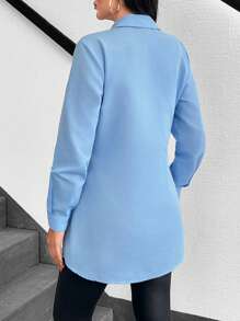 SHEIN Women Blouse With Denim Fabric Patchwork, Hear Shape, Diamond Embellishment, Open Placket