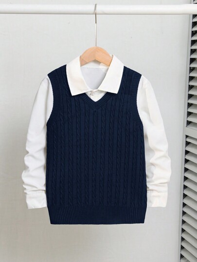 SHEIN Tween Boy Loose & Casual Twist Floral Knit Sweater Vest,In Fall/Winter