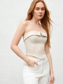 BizChic 女士折叠细节抹胸上衣，适合都市商务、休闲通勤和日常穿着，春夏款 - 杏色 - 查看 4