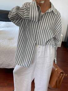 Livesso Áo sơ mi đồng phục học sinh nữ kẻ sọc rộng rãi, quần áo nữ mùa thu, áo dài tay - Xám - Xem 6