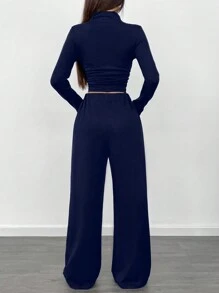 RosyDaze 女式优雅海军蓝两件套连体裤套装，含长袖褶饰上衣和阔腿裤 - 藏蓝色 - 查看 2