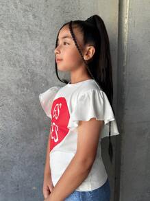1 pieza Camiseta con gráfico de corazón y letras con dobladillo con volantes para niñas preadolescentes, diseño único y lindo, apto para el Día de San Valentín, la escuela, Año Nuevo, primavera/verano