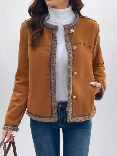 SHEIN LUNE 休闲鹿毛绒人造毛皮厚实撞色按扣装饰女士人造皮夹克