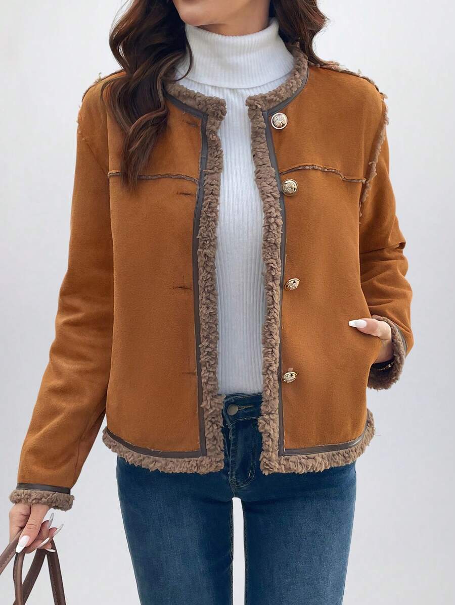 SHEIN LUNE Casual Deer Plush Faux Fur Thick Contrast Color Snap Button Decor Women Faux Leather Jacket