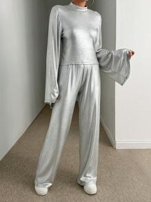 EURMUSE Silver Foil Printed Rib, Flare Sleeve Turtle Neck Top With Flare Pant - Silver - View 3