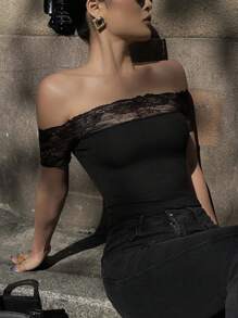 DAZY Sexy Slim Fit Lace Splicing Off Shoulder Short Sleeve Women T-Shirt,Crop Tops Women Valentine's Day - Black - View 3