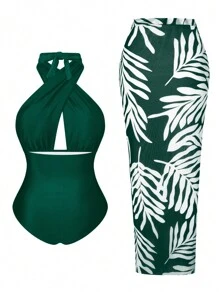 Swim Oasis Femme grande taille 2 pièces maillot de bain dos nu style col ras-du-cou avec jupe cache-maillot longue imprimée au hasard, ensemble tenue de plage d'été décontractée pour vacances