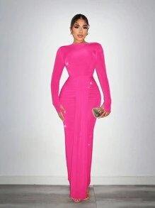 SHEIN SXY Hot Pink Long Dress For Women: Ruched Bodycon Party Dress,Prom Dress - Hot Pink - View 5