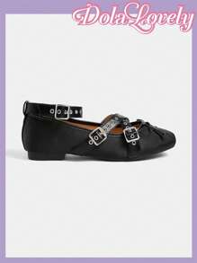 Dola Lovely Women's Spring New Cute Satin Blue Criss-Cross Metal Buckle Ballet Flats, Elegant Sweet Large Size Ladies Flat Shoes Spring Shoes Spring Break Easter For Christmas - Black - View 2