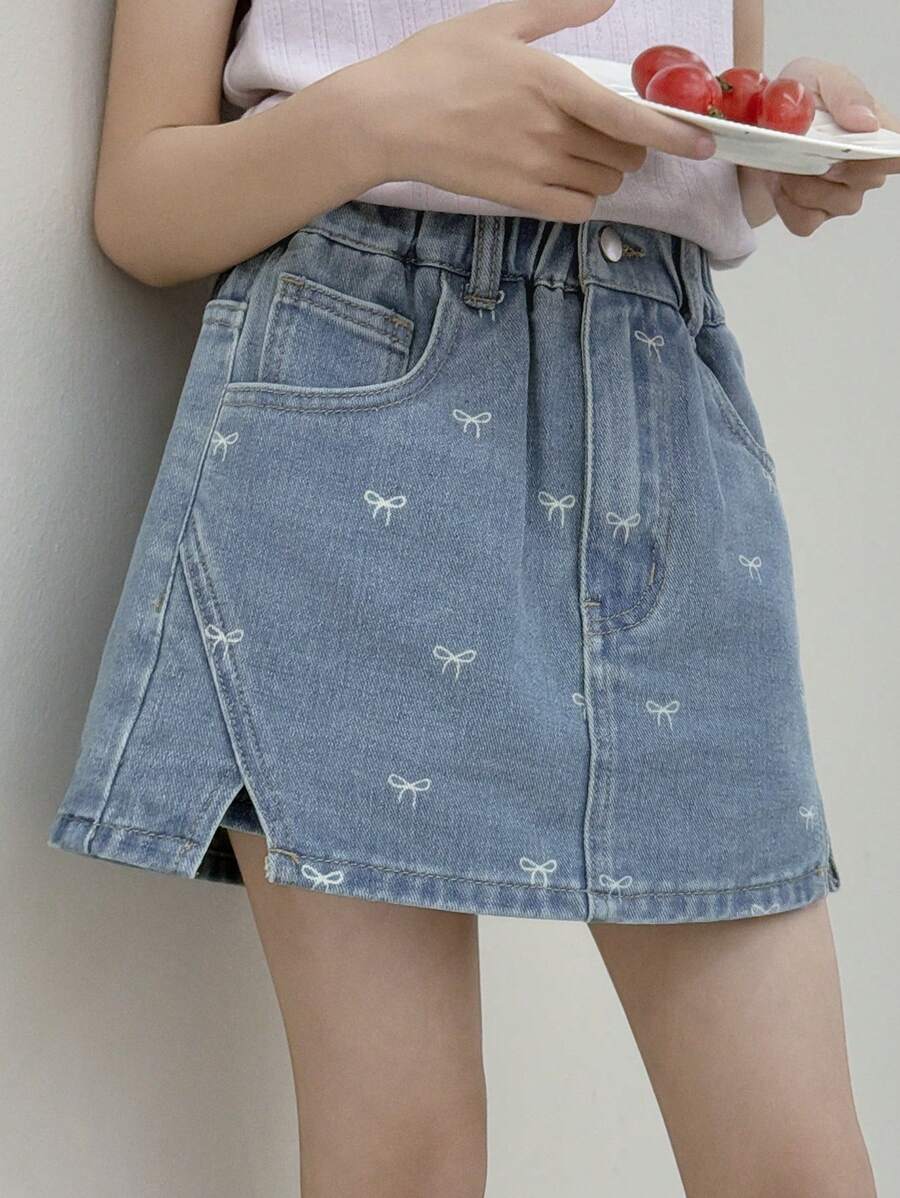 Dazy Kids Tween Girl Allover Print Denim Shorts, Summer,Back To School Clothes - Medium Wash - View 1