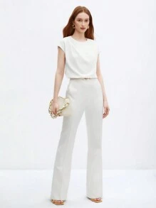 BizChic Women's Solid Color Round Neck Pleated Decor Loose Cap Sleeve Top, Basic Urban Commute Style, Simple Elegant Fashion Business Casual , Suitable For Teachers And Office Wear