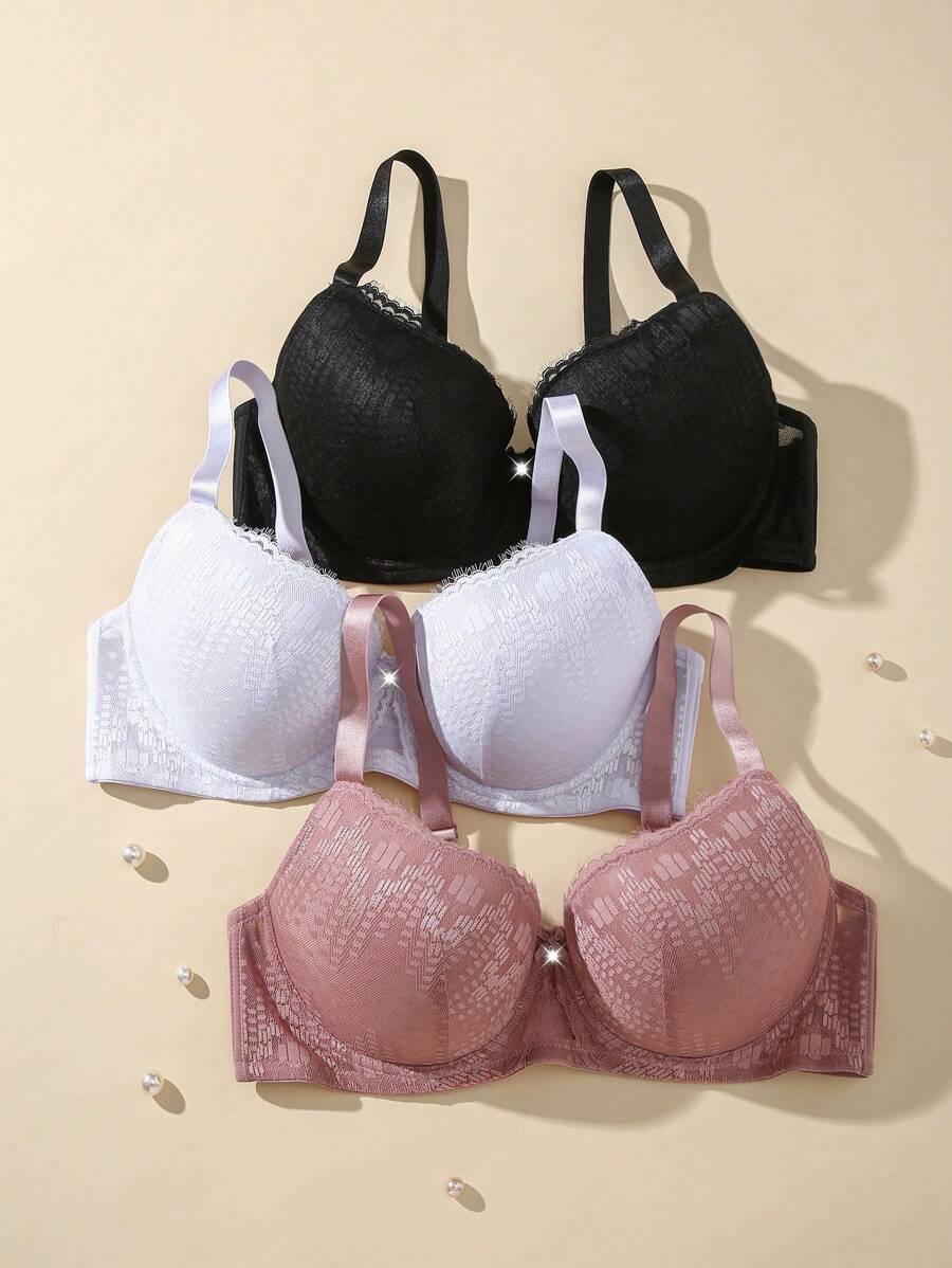 3pcs/Set Plus Size Lace Sheer Lift & Support Underwire Bras, Seamless & Comfortable Lingerie - Multicolor - View 1