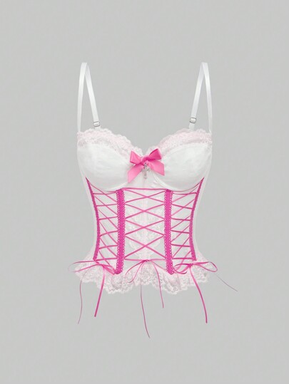 Kawaii Top de camisola con lazo y encaje cruzado de estilo punk para mujer