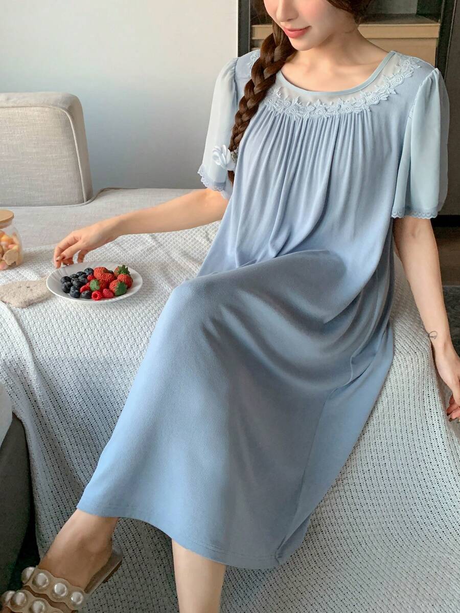DAZY Loose Solid Color Lace Patchwork Comfortable Women's Nightgown Pajama - Dusty Blue - View 1