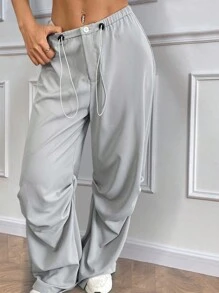Chiquease Spodnie z szerokimi nogawkami z satyny oversize, jednolity kolor, minimalistyczny casual do codziennego noszenia - Szary - Zobacz 4