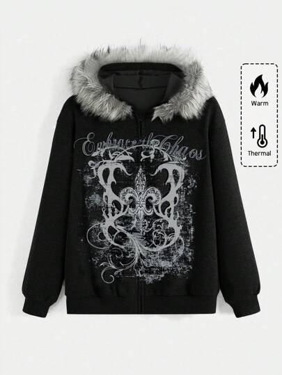 Grunge Punk Vintage Gothic Punk Vines Print Hooded Sweatshirt With Fuzzy Collar, Loose Long Sleeve Women Sweatshirt