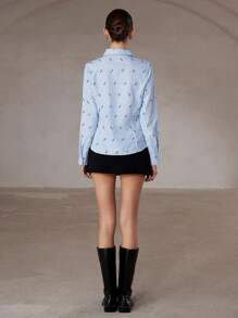 Aveloria Modichic Damen Klassisches gestreiftes Blümchen Kragen Langarm Hemd, Frühjahrs-Bekleidung