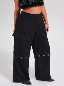 SHEIN ICON 大码女装金属装饰街头风格阔腿牛仔裤 - 黑色 - 查看 6