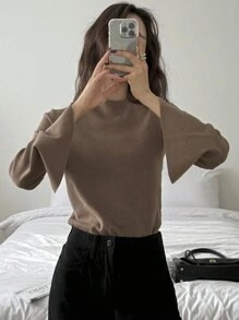 DAZY 女款條紋船領喇叭袖修身毛衣，駱駝色，春秋季女裝校園風 - 駝色 - 查看 4