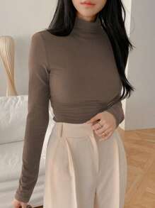 DAZY 女士纯色立领修身保暖T恤，秋冬长袖女上衣，秋季女装高领衫 - 棕色 - 查看 2