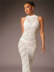 L'Amorae Vestido largo de punto de cuello alto, silueta ajustada y espalda descubierta - Blanco - Ver 3