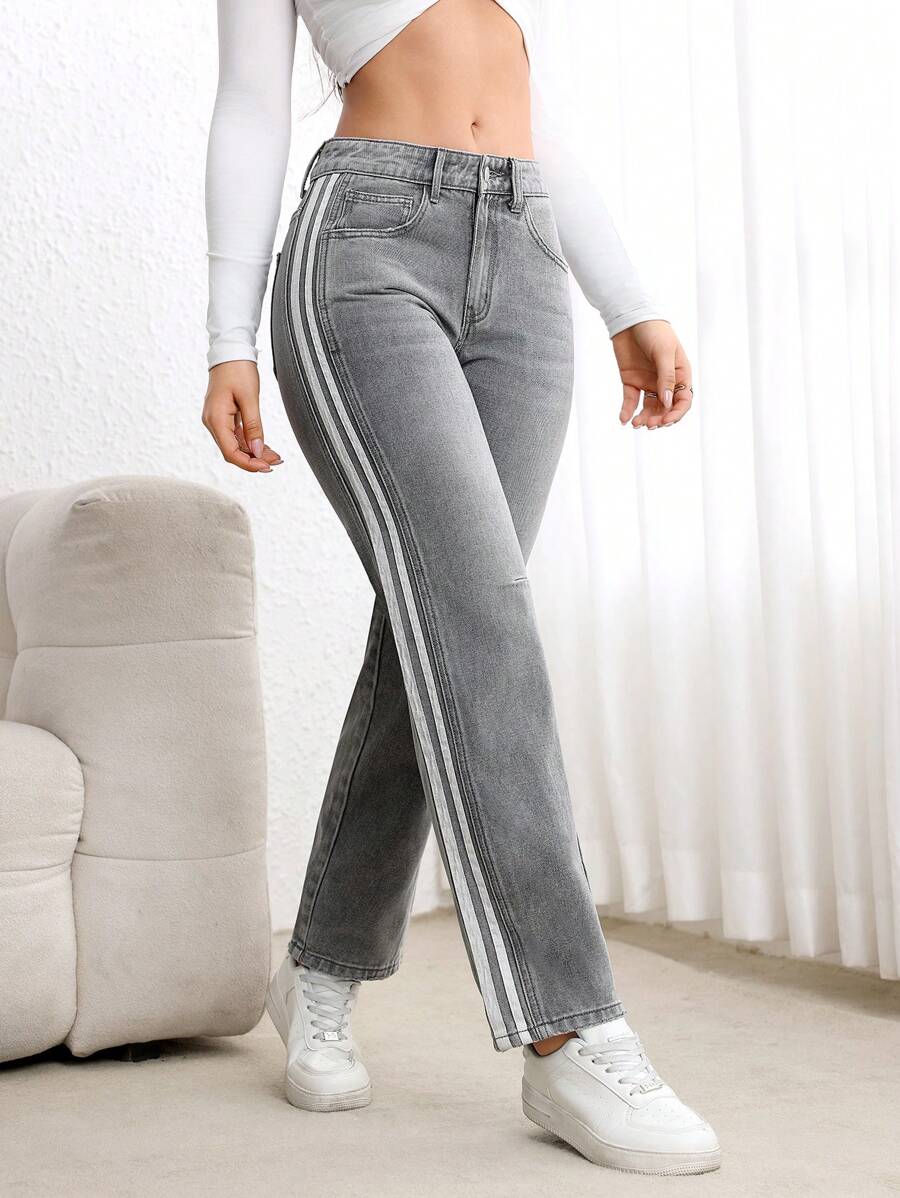 SHEIN Essnce Quần ống côn denim chắp vá màu trơn có túi cài nút phía trước dành cho nữ - Xám - Xem 1