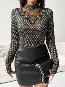 SHEIN Clasi Women Stand Collar Long Sleeve Casual T-Shirt With Mesh Patchwork, Random Prints