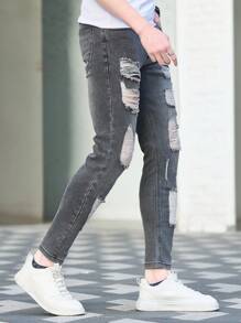 Manfinity LEGND 男式休闲洗水破洞紧身牛仔裤 - 灰色 - 查看 3
