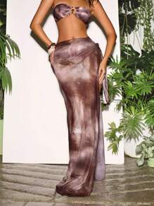 Opulessa 女士节日扎染印花侧腰系带长款罩衫和长裙 - 卡其色 - 查看 4