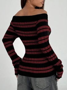 Flirla 女士露肩长袖条纹简约休闲套头毛衣针织衫秋冬毛衣
