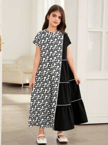 SHEIN Leap Crew Tween Girls'' Loose Casual Patchwork Colorblock Geometric Pattern Midi Dress - White - View 4