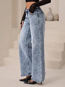 SHEIN Essnce Quần Jeans Ống Thẳng Lưng Thấp Thời Trang Cho Nữ - Rửa nhẹ - Xem 5