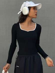 DAZY Contrast Color Patchwork Slim Fit Women Long Sleeve T-Shirt