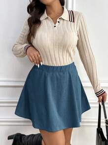 SHEIN Frenchy Plus Size Elegant Corduroy A-Line Blue Mini Skirt - Teal Blue - View 5