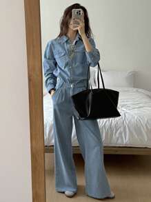 DAZY 女士休闲牛仔衬衫和牛仔裤两件套西装，秋季 - 中等水洗藍 - 查看 4
