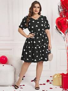 SHEIN Clasi Plus-Size Elegant Love Print Valentine's Day Puffy Sleeve Heart Print Dress, Summer Outfits For Women